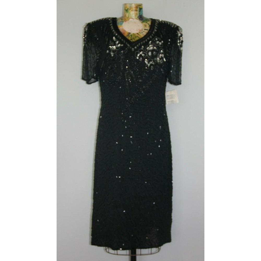 Swee Lo L Cocktail Dress Silk Black Silver Floral Beaded Vtg Retro Glam 80's NWT